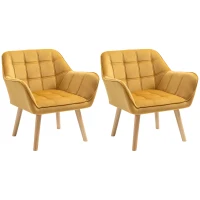 HOMCOM Accent Chair, Velvet Upholstered Vanity Tub Chair with Flared Armrests, Slanted Back, Solid Wood Legs, Comfy Padding Armchair, Home Bedroom Furniture Seating, Set of 2, Yellow(m-11)