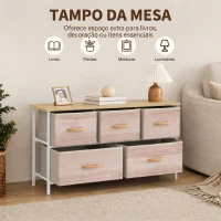 HOMCOM Cómoda com 5 Gavetas de Tecido Cómoda para Quarto Estrutura Metálica 100x30x51.5 cm Madeira e Branco(m-5)