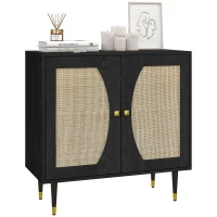 HOMCOM Buffet de cuisine meuble de rangement design bohème double portes avec 2 niveaux, façade en rotin 80 x 38 x 79 cm noir(m-11)