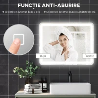 HOMCOM Oglindă Baie LED Touch cu lumină reglabilă, 3 temperaturi și funcție anti-aburire, 70x90 cm(m-7)