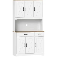 HOMCOM Armário de Cozinha Alto Móvel Auxiliar de Cozinha com Bancada Aberta para Micro-Ondas 2 Gavetas Prateleiras Ajustáveis 94x39,5x175,2 cm Branco(m-1)