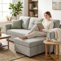 HOMCOM 3-Sitzer-Sofa mit Bettfunktion, Schlafsofa mit Chaiselongue, Polstersofa, Grau(m-8)