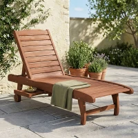 Outsunny Outdoor Wooden Lounger Chair, Sun Bed with Built-In Table, Adjustable Backrest and Wheels, Red Brown(m-8)