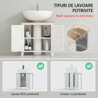 kleankin Dulap sub Chiuvetă Baie în formă de U cu Raft Reglabil la Interior, din MDF, 60x30x60 cm, Alb și Lemn Natur(m-4)
