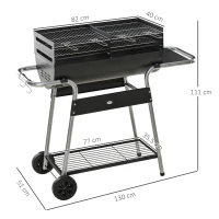 Outsunny Charcoal Barbecue Grill BBQ Trolley - with Double Grill, Side Table, Storage Shelf, and Wheels for Outdoor Cooking, 130 x 51 x 111cm, Black(m-13)