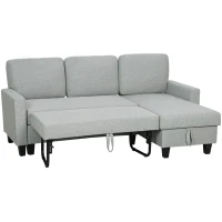 HOMCOM Canapea extensibilă cu 3 locuri, șezlong și spațiu de depozitare, material textil cu efect de in, 197x129x85 cm, gri și negru(m-12)