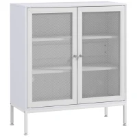 HOMCOM Aparador para Comedor Mueble Auxiliar con Puertas de Rejilla Metálica y Estantes Ajustable 80x37x92 cm Blanco(m-1)