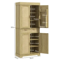 HOMCOM Bufet de Bucătărie Stil Boho cu 2 Dulapuri, Sertar și Suport pentru Condimente din Lemn și Ratan, 76x40x183cm, Stejar(m-3)