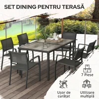 Outsunny Set de Grădină cu 6 Scaune Stivuibile din Material Textil de Plasă și Masă cu Aspect de Lemn, Gri(m-6)