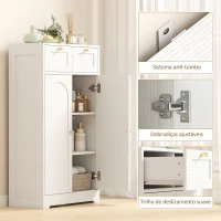 HOMCOM Armário de Casa de Banho Estreito com 2 Gavetas Prateleira Aberta e Porta com Painel Arqueado 60x30x108 cm Branco Texturizado(m-7)