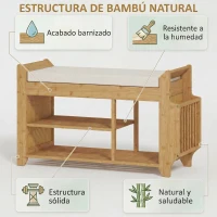 HOMCOM Banco Zapatero con Asiento Acolchado Almacenamiento Lateral Estante para Botas Marco de Bambú 80x30x50 cm Natural(m-5)