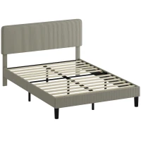 HOMCOM Cadre de lit 140 x 190 cm, sommier à lattes en bois, tête de lit réglable, lit double rembourré en velours côtelé, gris(m-1)