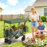 Outsunny 180L Festival Trolley on Wheels, Push & Pull Beach Cart with Removable Canopy, Wide All-Terrain Wheels, Folding Camping Trolley Cart, Adjustable Handle for Garden Fishing Shopping, Green(m-8)