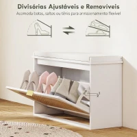 HOMCOM Banco para Sapatos Boho com Assento Acolchoado Porta de Rattan Gaveta Basculante Prateleira Ajustável 8 Pares 80x26x47,5 cm Branco(m-7)