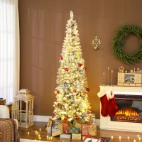 HOMCOM Árvore de Natal Estreita 210 cm Nevada com Luzes LED Bicolores 11 Modos de Iluminação 687 Ramos Suporte Metálico Verde(m-2)