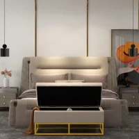 HOMCOM Sitzbank mit Stauraum, dekorative Knopfheftung, Flanelloptik, goldfarbene Stahlbeine, 110 x 47 x 46,5 cm(m-7)