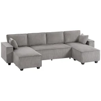HOMCOM Ecksofa mit Doppel-Chaiselongues, U-förmiges Sofa aus Cordstoff mit breitem und tiefem Sitz, Federkernkissen, Hellgrau(m-12)
