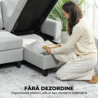 HOMCOM Canapea extensibilă cu 3 locuri, șezlong și spațiu de depozitare, material textil cu efect de in, 197x129x85 cm, gri și negru(m-6)