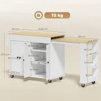 HOMCOM Isla de Cocina con Ruedas Encimera Extensible 4 Puertas Estantes Ajustables Especiero y Soporte para Toallas Blanco(m-3)