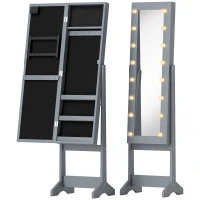 HOMCOM Espelho Joalheiro com Luzes LED Armário para Joias com Ângulo Ajustável  Prateleiras Ranuras para Anéis 36x30x136 cm Cinzento(m-1)