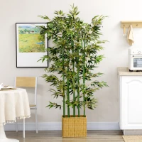 HOMCOM Plantă Artificială de Bambus, Înălțime 180 cm, cu 1640 de Frunze și Bază din Lemn de Pin, 35x10x10 cm, Verde(m-7)
