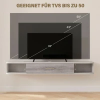 HOMCOM Dulap TV Suspendat din Lemn cu 2 Rafturi Deschise și Dulap, 120x26x16 cm, Alb și Gri(m-6)
