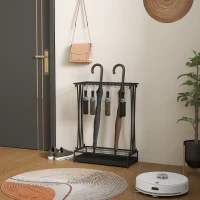 Suport de Umbrele HOMCOM cu Tavă pentru Apa, 21 de Orificii și 24 de Cârlige pentru Umbrelă, din Oțel, 50x24x68 cm, Negru(m-2)