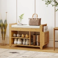 HOMCOM Banco Zapatero con Asiento Acolchado Almacenamiento Lateral Estante para Botas Marco de Bambú 80x30x50 cm Natural(m-2)