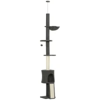 PawHut Árvore para Gatos de Teto Alta 220-240 cm com Rede Casinha Plataformas em Flor e Postes em Sisal Cinza(m-1)