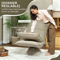 HOMCOM Chaise de sol pivotante à 360°, fauteuil pliable en velours avec dossier réglable 5 positions, 70x62x95cm, beige(m-5)