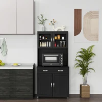 HOMCOM Buffet haut cuisine, armoire de cuisine avec 4 portes, tiroir, plan de travail, étagères réglables, 80x48x170cm, noir(m-10)