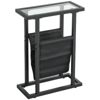 HOMCOM Beistelltisch aus Metall mit Stofftasche und Glasplatte, schmaler Tisch für Wohnzimmer, Schlafzimmer, Schwarz(m-1)