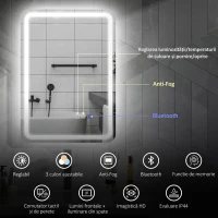 HOMCOM Oglindă de baie LED cu Bluetooth, iluminare reglabilă și funcție de memorie, din sticlă securizată, 70x50x3,5 cm(m-4)