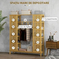 HOMCOM Dulap Deschis din Bambus cu 2 Uși Glisante, Rafturi Deschise și Bară pentru Umerașe, 145x35x165cm(m-10)