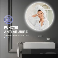 kleankin Oglindă Baie cu Lumini LED Reglabile, Comutatoare Touch și Design Anti-aburire, Ø70 cm(m-7)