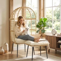 Outsunny Gartensessel mit Hocker PE Rattan Ei-Form Korbsessel mit langen & dicken Kissen Metallrahmen Beige(m-9)