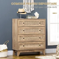 HOMCOM Comodă cu 4 Sertare și Inserții din Rattan Stil Boho, 80x35x95 cm, Lemn Natural(m-4)