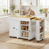 HOMCOM Isla de Cocina con Ruedas Encimera Extensible 4 Puertas Estantes Ajustables Especiero y Soporte para Toallas Blanco(m-10)