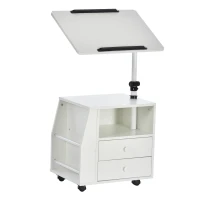 HOMCOM Beistellwagen, Beistelltisch, flexible Tischplatte, 2 Schubladen, Zeitungsfach, 4 Räder, weiß, 60 x 40 x 90cm(m-1)