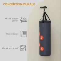 SPORTNOW Sac de frappe avec support mural pour sac de boxe, sac lourd avec gants, bandes pour les mains crochet pivotant à 360°(m-6)