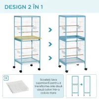 PawHut Colivie pentru Pasari 2 in 1 Voliera pentru Interior cu 4 Roti Pivotante, Tavi Detasabile si Recipiente din plastic, 51,5x50x140cm, Albastra(m-4)