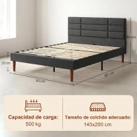 HOMCOM Cama Tapizada 140x200 cm con Cabecero Acolchado de Rejilla Almacenaje Inferior Láminas de Madera Gris(m-3)