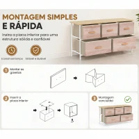 HOMCOM Cómoda com 5 Gavetas de Tecido Cómoda para Quarto Estrutura Metálica 100x30x51.5 cm Madeira e Branco(m-6)