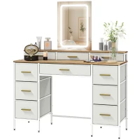 HOMCOM Coiffeuse avec miroir et lumières LED 3 couleurs, table de maquillage 10 tiroirs en tissu, 118,5 x 39,5 x 140 cm naturel(m-12)