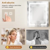HOMCOM Dulap Baie cu Oglindă LED, 50x15x60 cm Mobilă Baie cu Funcție Anti-Aburire, Rafturi Reglabile, 3 Temperaturi de Lumină Dimmabile, Dulap Montat pe Perete din Sticlă, Alb(m-5)
