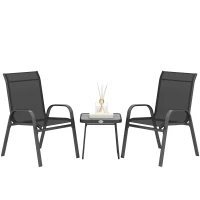 Outsunny 3 Pieces Outdoor Bistro Set - Patio Stackable Armchairs with Breathable Mesh Fabric and SPC Board Coffee Table, Black(m-11)