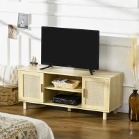 HOMCOM Fernsehtisch Lowboard  TV-Bank TV-Kommode mit 2 Rattantüren und Offene Regale MDF Natur 115 x 40 x 48 cm(m-9)