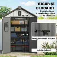 Outsunny Depozit de grădină, șopron, depozit pentru unelte, din plastic, cu podea, cadru metalic, guri de aerisire, 2 ferestre, uși duble blocabile, acoperiș înclinat, 3m², gri(m-8)