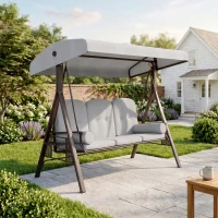 Outsunny 3 Seater Canopy Swing Chair, Outdoor Garden Swing Seat with Adjustable Canopy, Cushions and Cup Trays, Steel Frame, Light Grey(m-2)