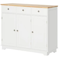 HOMCOM Sideboard with Rubber Wood Top, Modern Storage Cabinet, Kitchen Cupboard with 3 Doors, 3 Drawers and 3 Adjustable Shelves for Dining Room, Living Room, White(m-14)